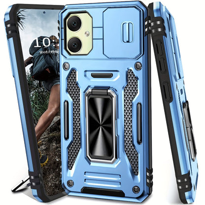 Samsung Galaxy Shockproof Magnetic Phone Case with 360° Rotating Ring Bracket & Sliding Lens Protector – Heavy Duty Cover for S24FE S23FE S22 S21FE Ultra A55 A54 A35 A34 A25 A24 A16 A15 A14 A06 A05 A05S 5G