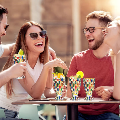 Mosaic-Pattern Drinking Glasses with Footed Bases, Two- or Six-Piece Colorful Goblet Sets for Table Settings