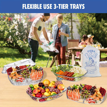 Appetizer Serving Tray with Ice Tray & Flip Lid – 15 Inch Round Chilled Condiment Serving Platter, BPA-Free Plastic Veggie Dip Bowl, Dishwasher & Freezer Safe Party Snack Tray