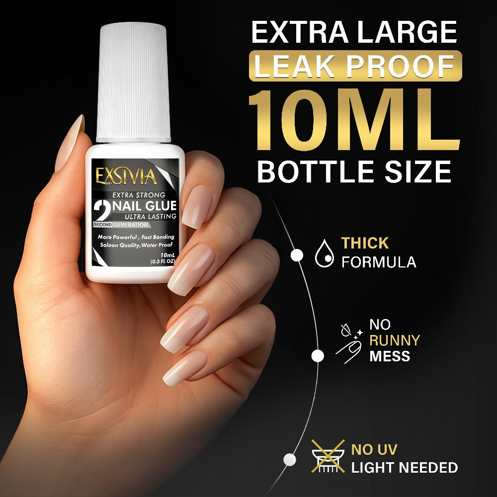 Nail Glue, EXSIVIA 10ml Brush-On Bottle with Fine Applicator for Press-On Nails, Acrylic Tips and Nail Art