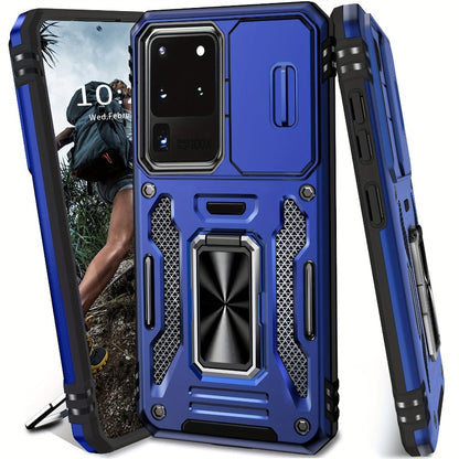 Samsung Galaxy Shockproof Magnetic Phone Case with 360° Rotating Ring Bracket & Sliding Lens Protector – Heavy Duty Cover for S24FE S23FE S22 S21FE Ultra A55 A54 A35 A34 A25 A24 A16 A15 A14 A06 A05 A05S 5G