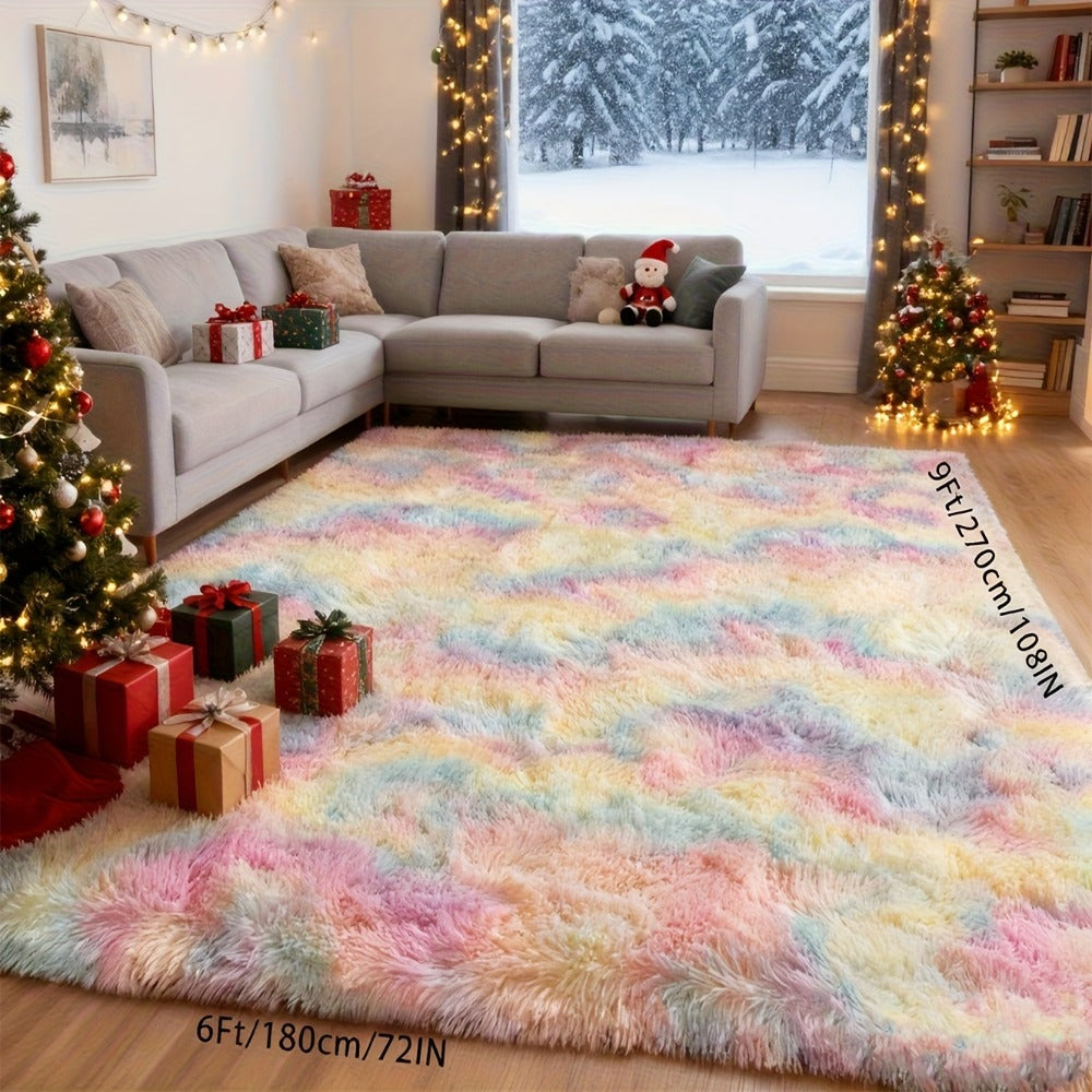Area Rug Rainbow Tie-Dye Shag with Four Machine-Washable Sizes for Bedroom, Living Room or Office