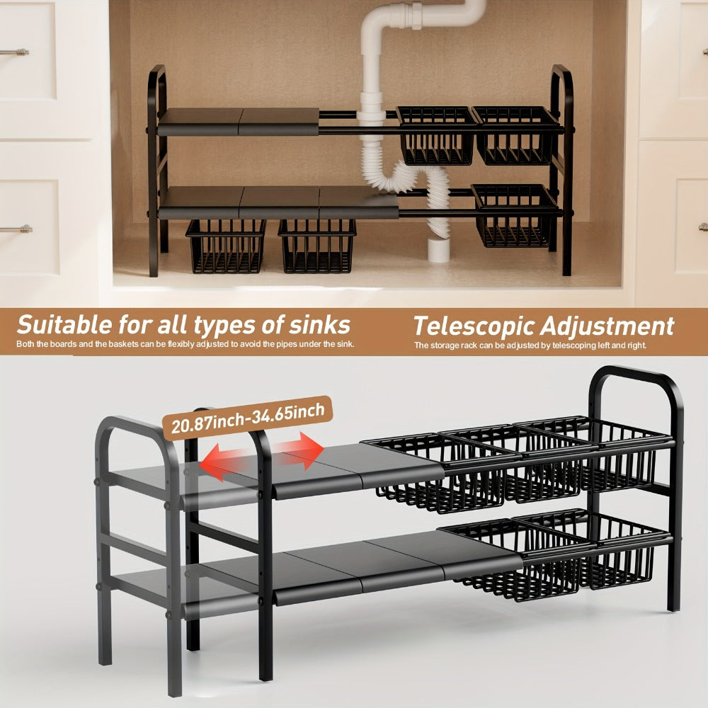 Expandable Two-Tier Under-Sink Organizer with Five Panels, Five Baskets and Exact Black Configuration