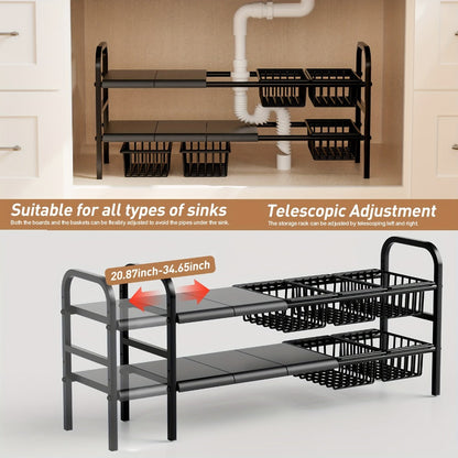 Expandable Two-Tier Under-Sink Organizer with Five Panels, Five Baskets and Exact Black Configuration