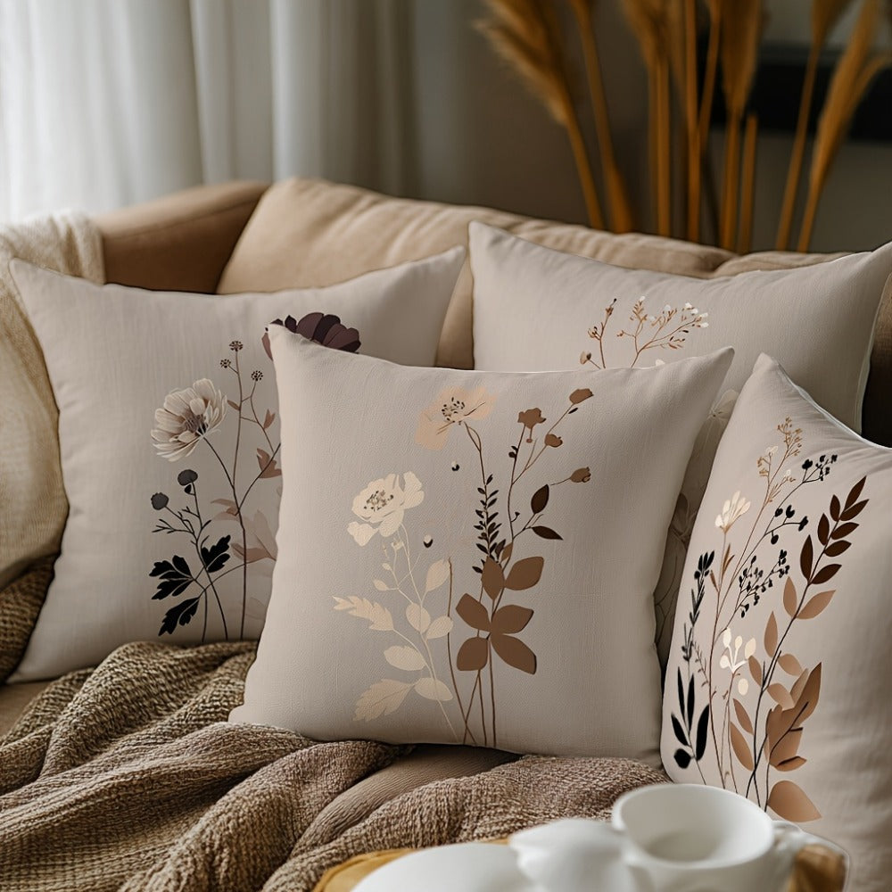 Neutral Botanical Throw Pillow Covers, Four-Piece 18 x 18-Inch Set with Beige, Brown and Gray Floral Prints