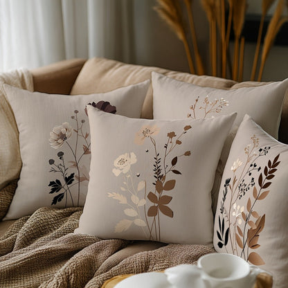 Neutral Botanical Throw Pillow Covers, Four-Piece 18 x 18-Inch Set with Beige, Brown and Gray Floral Prints