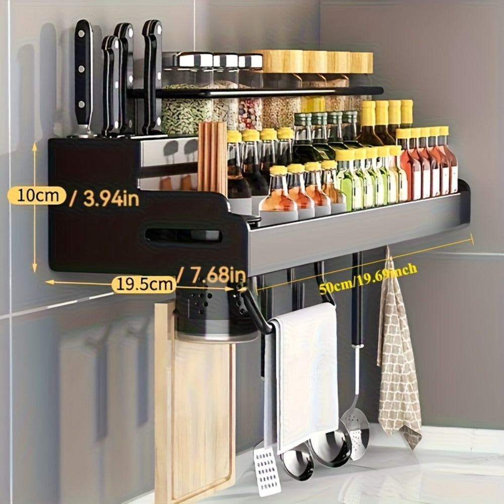 Kitchen Wall Mounted Storage Rack Double Layer – No-Drill Organizer with Knife Slots, Chopstick Holder & Towel Bar, Space-Saving Floating Shelf for Kitchen Counter, 19.69 Inch (Black)