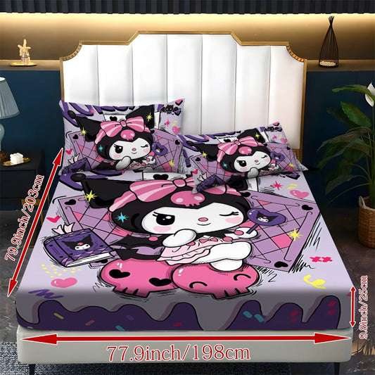 Sanrio Hello Kitty & Kuromi Bedding Set 3pcs – Fitted Sheet & Pillowcases, Soft Polyester, Machine Washable, Twin Full Queen King, All-Season Bedroom Decor for Kids Girls Home Guest Room