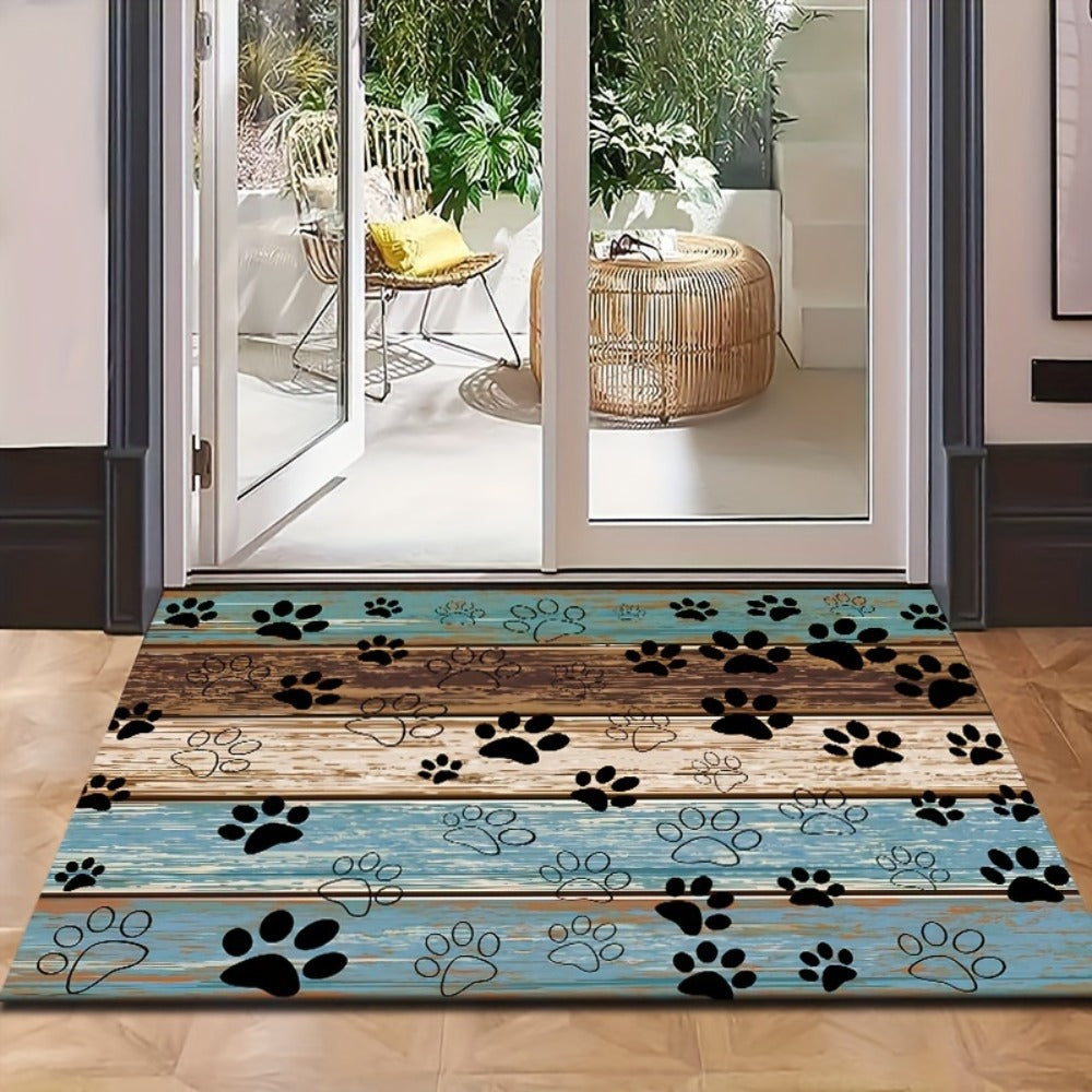 Cat Paw Print Door Mat with Blue and Brown Wood-Look Bands in Three Rectangular Entryway Sizes