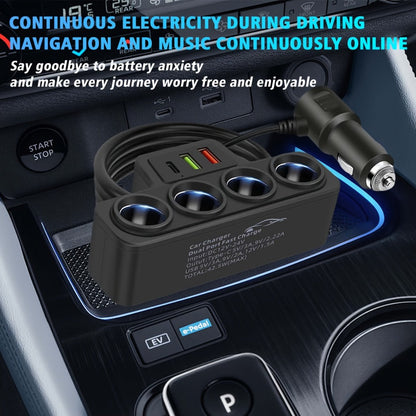 Car Power Splitter with Four 12V Sockets, USB-C, Dual USB-A and 72cm Cord for 12V/24V Vehicles
