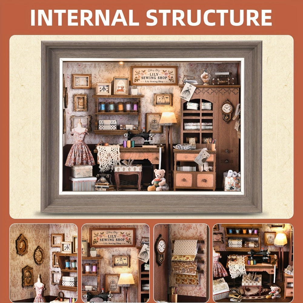 Seam House Book Nook Kit with Framed Sewing-Room Scene and Standard, Fireplace or Dwarf Style Options