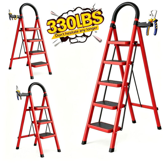 Folding Step Ladder with Anti-Slip Pedals & Handrail – 2/3/4/5 Step Stool for Adults, Sturdy Steel, Lightweight Portable, Non-Slip Feet, Rust-Resistant, Foldable for Home Kitchen Office Bedroom Use