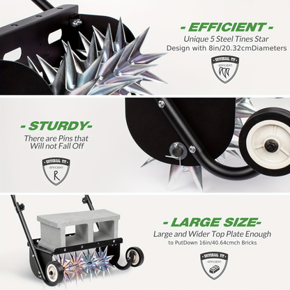 Rolling Lawn Aerator Push Spike 16.5" Heavy Duty with 5-Star Steel Tines, Weight Tray & Steel Handle for Deep Soil Aeration, Lawn Garden Yard Grass Care
