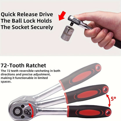 Fifty or Fifty-Three Piece Auto and Bicycle Repair Tool Set with Ratchet, Sockets and Orange Case