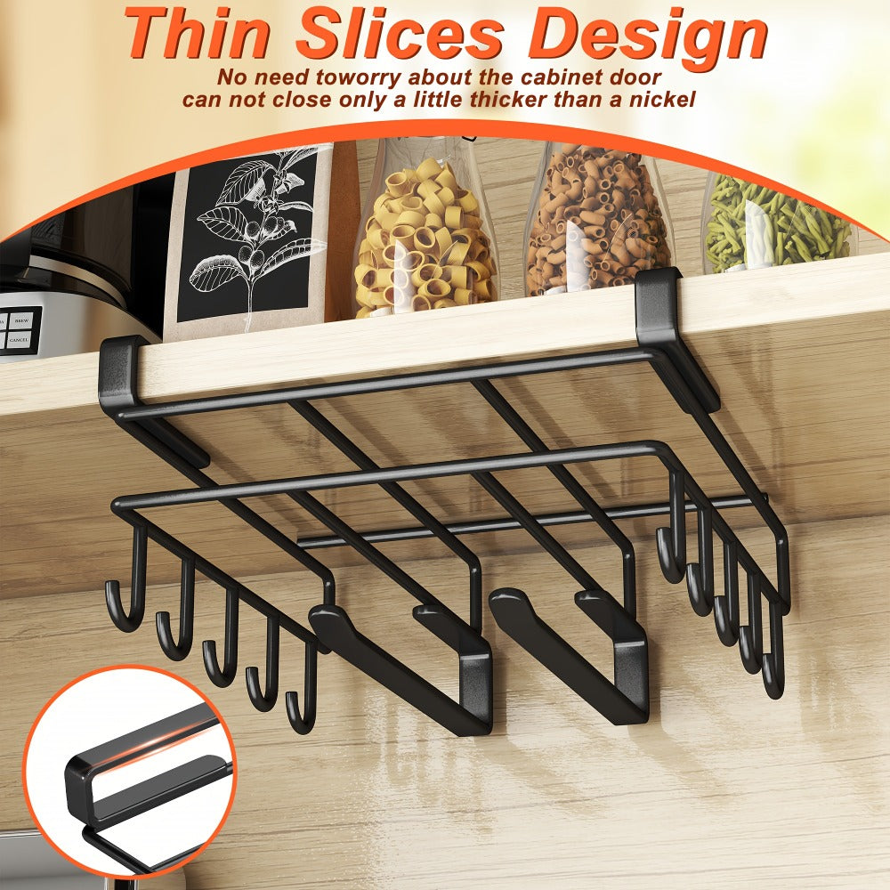 Under Cabinet Organizer Rack with Hooks – Heavy Duty Carbon Steel Kitchen Shelf for Utensils, Towels, Cups & Cutting Boards – No-Drill Door-Mount Space-Saving Kitchen Storage