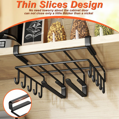 Under Cabinet Organizer Rack with Hooks – Heavy Duty Carbon Steel Kitchen Shelf for Utensils, Towels, Cups & Cutting Boards – No-Drill Door-Mount Space-Saving Kitchen Storage