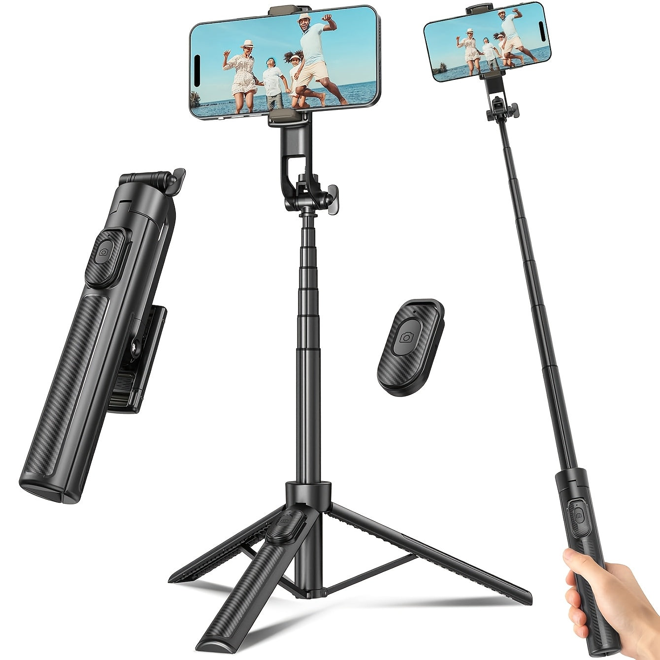 Black Selfie Stick Tripod with Telescoping Pole, Rotating Phone Clamp, Fold-Out Base and Remote