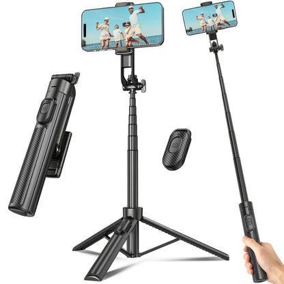 Black Selfie Stick Tripod with Telescoping Pole, Rotating Phone Clamp, Fold-Out Base and Remote
