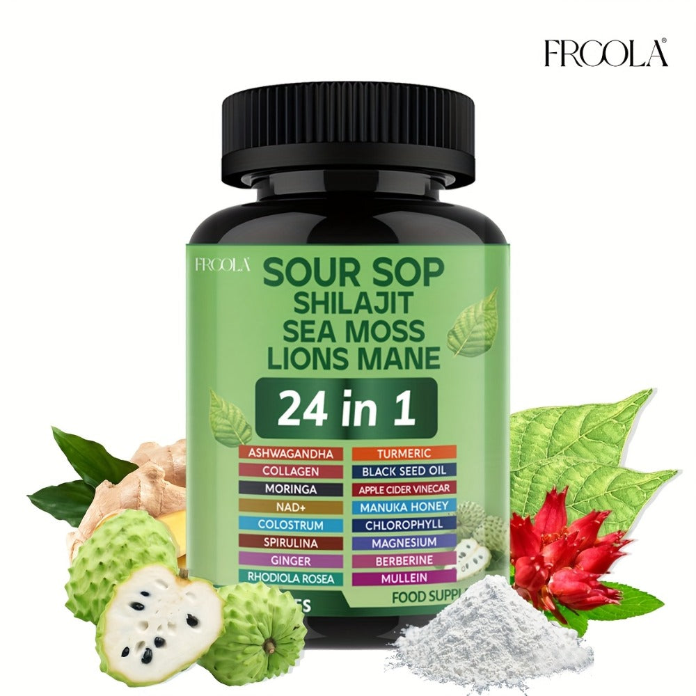 Herbal Supplement with FRCOLA Label, Soursop Shilajit Sea Moss and Lion's Mane 24-in-1 Capsules, 60 Count