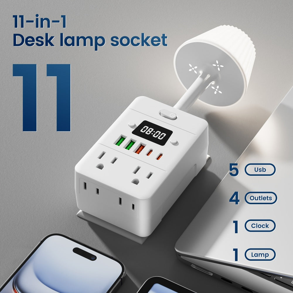 Power Strip 9-in-1 Desktop Station with LED Lamp, Digital Clock, 4 AC Outlets, 3 USB-A and 2 USB-C Ports
