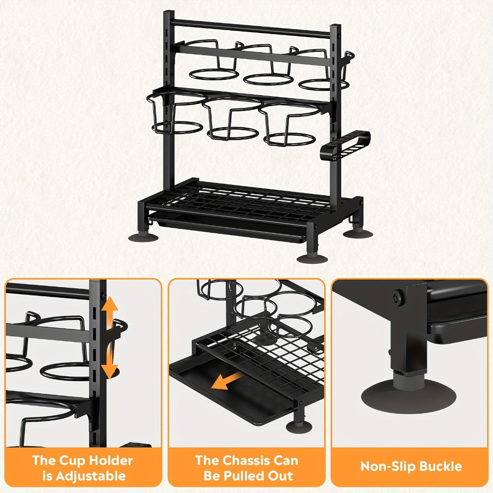Six-Grid Adjustable Cup and Tumbler Storage Rack with Vertical Dividers, Drip Tray and Countertop Feet