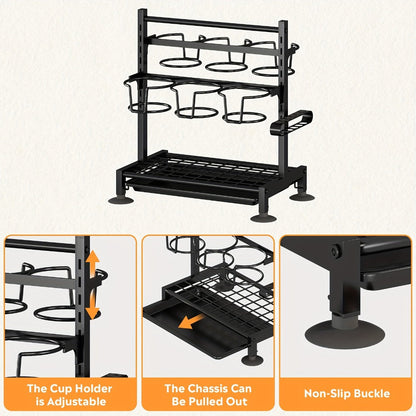Six-Grid Adjustable Cup and Tumbler Storage Rack with Vertical Dividers, Drip Tray and Countertop Feet