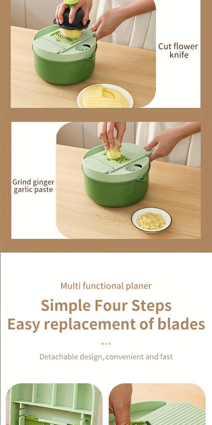 16-in-1 Green Vegetable Chopper with Round Container, Grid Dicing Plates, Slicer, Grater and Peeler Pieces