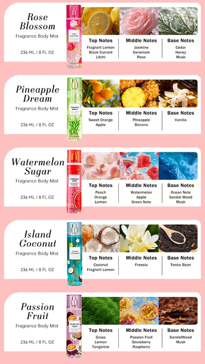 Body & Hair Fragrance Mist for Women 2pcs Set L1ong Lasting Fruity Perfume Spray 8 fl oz Pineapple Coconut Peach Strawberry Watermelon Scents Daily Dating Party Gift