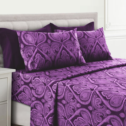 Bed Sheet Set Paisley Brushed Polyester in 4- or 6-Piece Sizing with 16-Inch Pocket and Wash Instructions