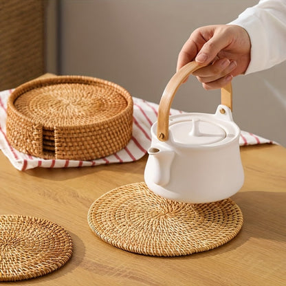 Six-Piece Round Rattan Woven Coaster Set, 3.93-Inch Drink Mats in Natural Khaki for Tabletop Display