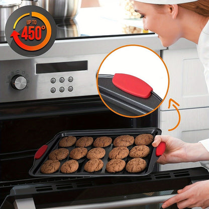 Three-Pan Gray Baking Sheet Set or Nine-Piece Kit with Six Utensils and Red Silicone Grips