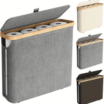 Lidded Toilet Paper Storage Basket with Bamboo-Style Rim in Five Color and Accessory Configurations