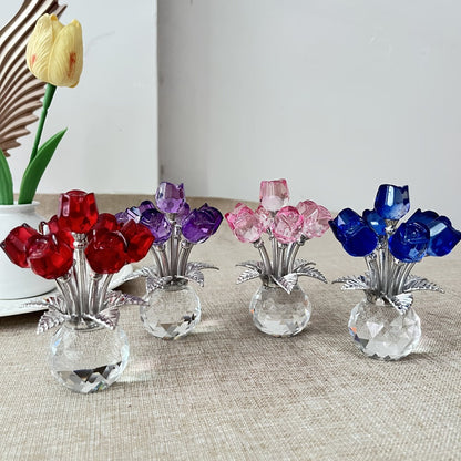 Glass Rose Floral Sculpture in Blue or Purple with Five Faceted Blooms and Silver-Tone Leaves for Display