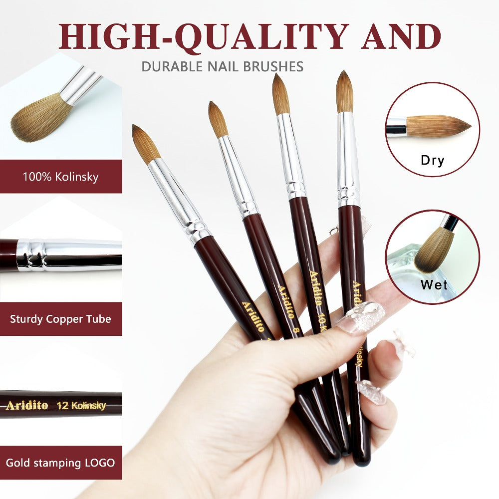 Red-Wine Handle Acrylic Nail Brush in Exact Checkout Sizes #8, #10, #12, #14, #16 or #18 with Pictured Round Tip
