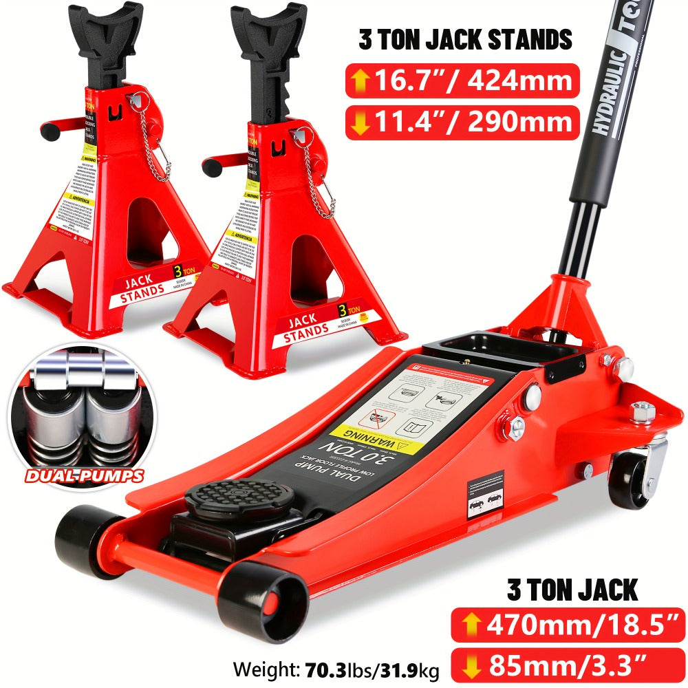 Hydraulic Floor Jack Kit 2/2.5/3 Ton Low Profile Trolley Jack with Jack Stands, Tire Repair Kit, Wheel Wrench & Wheel Chock Combo - Red/Blue