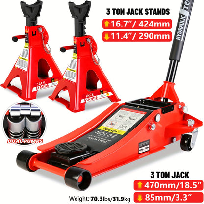 Hydraulic Floor Jack Kit 2/2.5/3 Ton Low Profile Trolley Jack with Jack Stands, Tire Repair Kit, Wheel Wrench & Wheel Chock Combo - Red/Blue