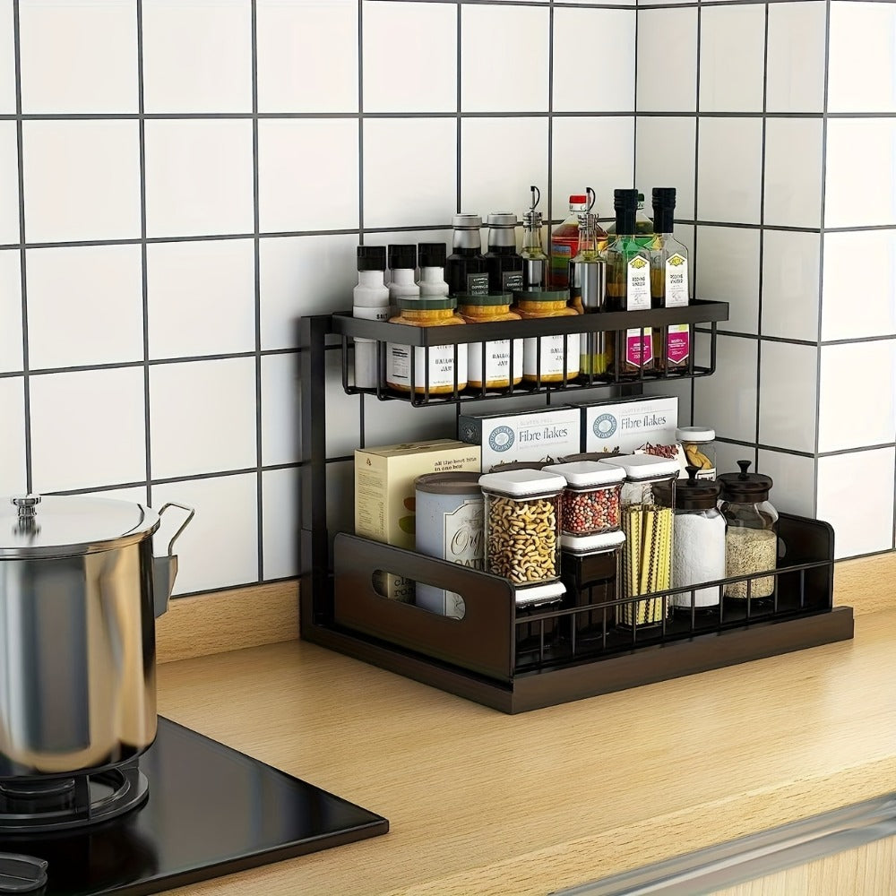 L-Shaped Sliding Drawer Organizer – Heavy-Duty Under Sink Storage Rack, Space-Saving Cabinet Organizer for Kitchen, Bathroom, Garage & Workshop, Large Capacity, Black & White