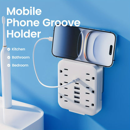 Power Strip Bedside Wall Extender 12-in-1 with 6 AC Outlets, 4 USB-A, 2 USB-C and Cord-Free Plug-In Design