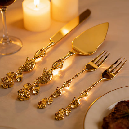 Cake Knife and Spatula Set with Rose Handle – Silver-Plated Dessert Server Gift Box Set for Wedding, Birthday & Party