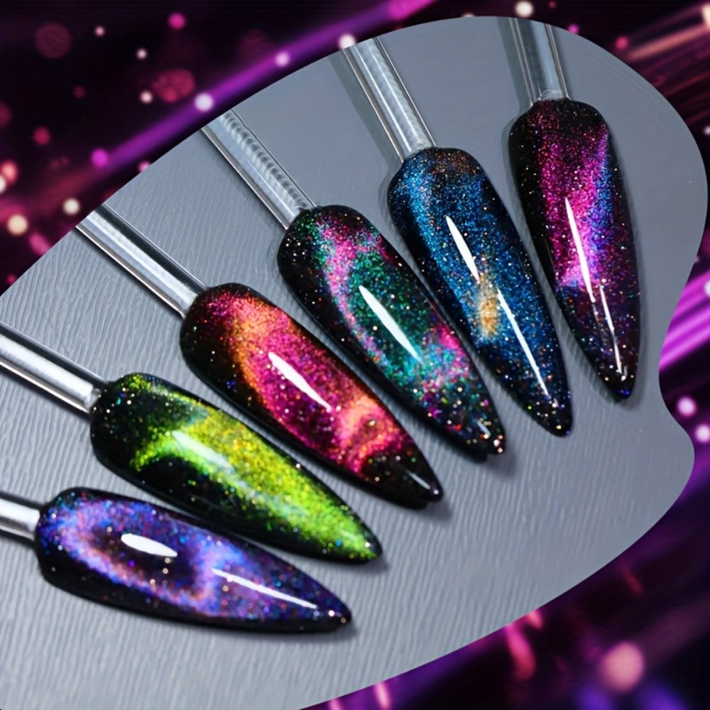Gel Nail Polish 6-Color 9D Polaris Magnetic Set with Six 10ml Glass-Water-Light Shades for Nail Art