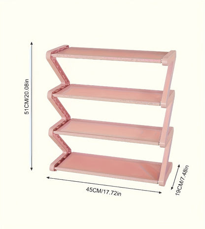 Four-Tier Z-Frame Shoe Rack with Metal Tubes in Graphite Black, Dawn Pink, Gray or Breeze Blue