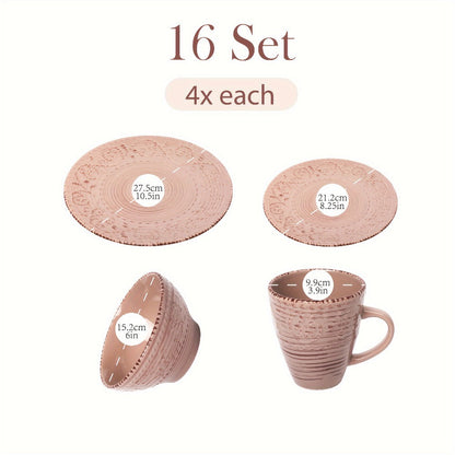 Sixteen-Piece Ceramic-Style Dinnerware Set for Four in White-Blue or Milky-White Coffee Colors