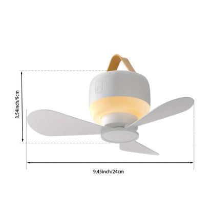 Hanging Three-Blade Camping Fan with Remote Control, Warm LED Light, White Housing and USB Rechargeable Power