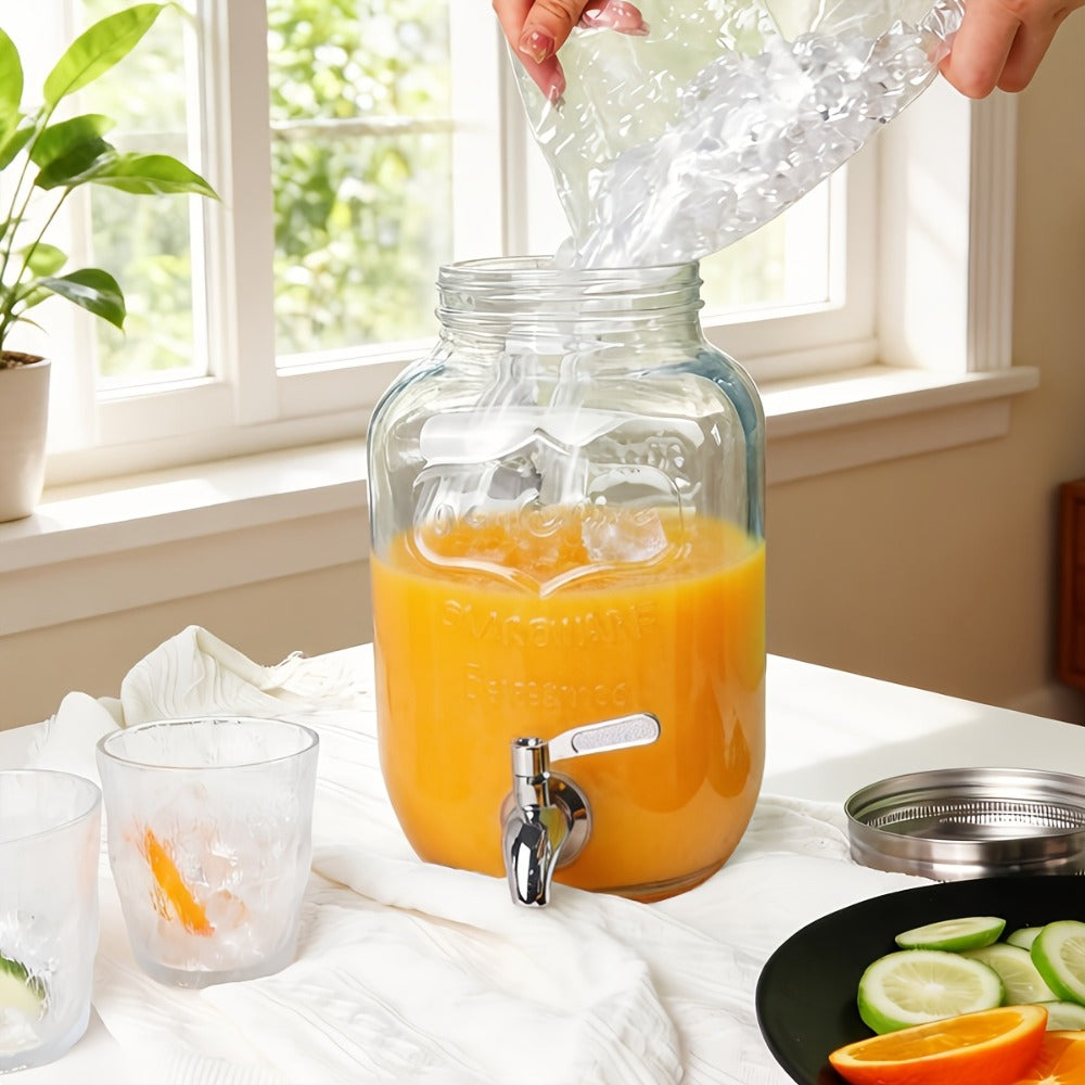 Two 1-Gallon Glass Beverage Dispensers with Spigots and Raised Metal Stand for Parties and Events