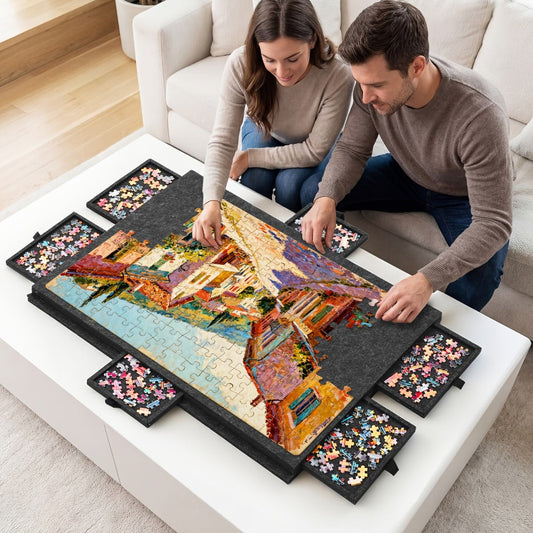 Roll-Up Puzzle Mat Board Extra Large – Foldaway Felt Mat for 1000 & 1500 Piece Jigsaw Puzzles, 6 Sorting Drawers, Portable Roll-Up Storage Solution for Puzzle Lovers Adults Seniors