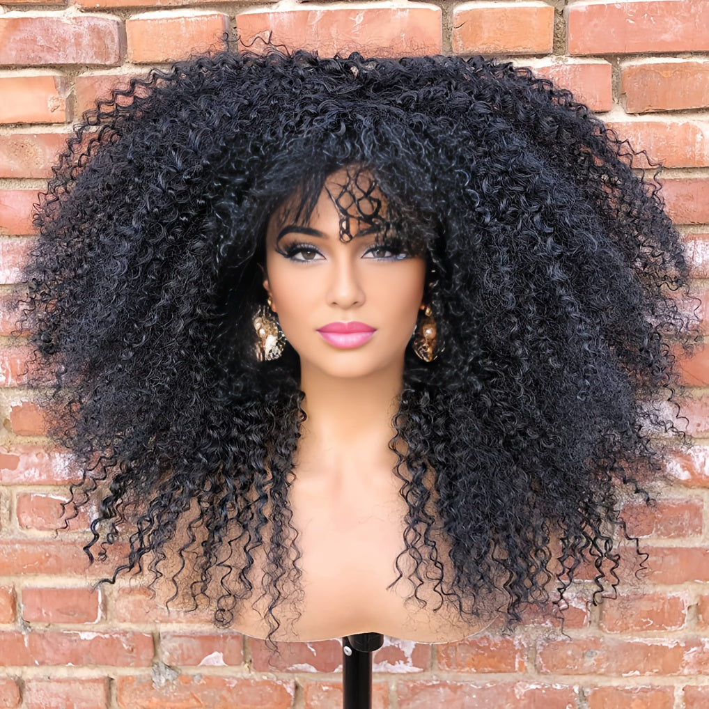 Synthetic Wig 18-Inch Kinky Curly Afro with Full Bangs, Glueless Straps and Combs for Costume Styling