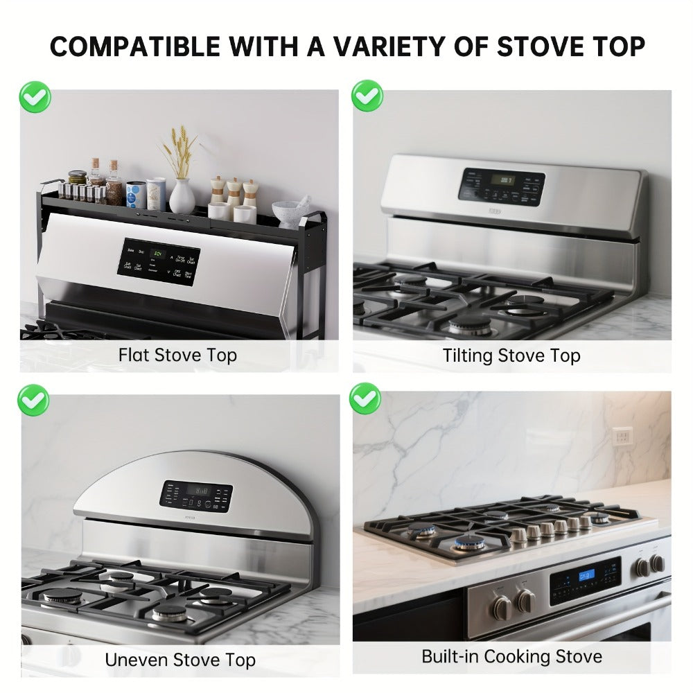 Expandable Stove Shelf Kitchen Organizer with 27.4-32.7-Inch Width, Adjustable Height and Utility Hooks