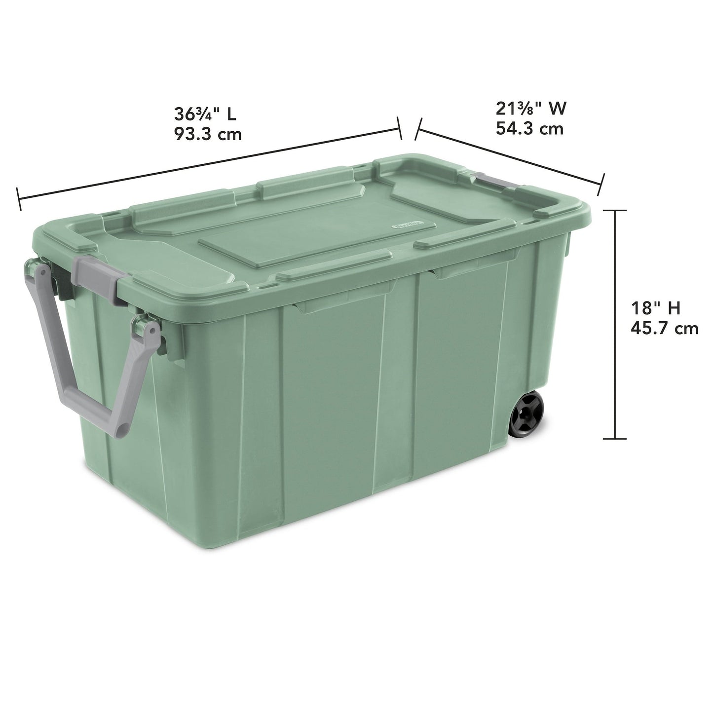 Two-Pack 40-Gallon Green Storage Bins with Latch Lids, Pull Handles and Rear Wheels for Bulk Organization