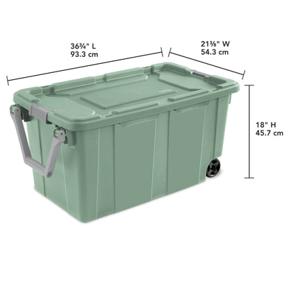 Two-Pack 40-Gallon Green Storage Bins with Latch Lids, Pull Handles and Rear Wheels for Bulk Organization
