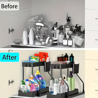 Two-Tier Under-Sink Organizer with Lower Sliding Basket, Four Removable Hooks and One Hanging Cup